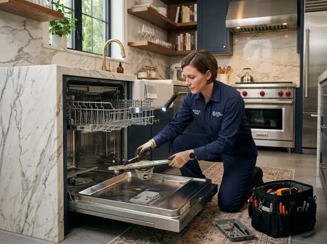 Appliance Repair Hero technician servicing a built-in dishwasher in a Ancram, NY kitchen