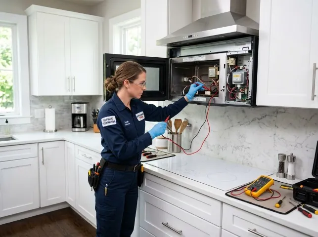 Appliance Repair Hero technician testing an over-the-range microwave in a Ancram, NY kitchen
